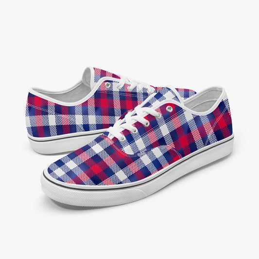 Unisex Canvas Sneakers, Bold Plaid Skate Shoes, Red, Blue, White, White and Black Soles Available