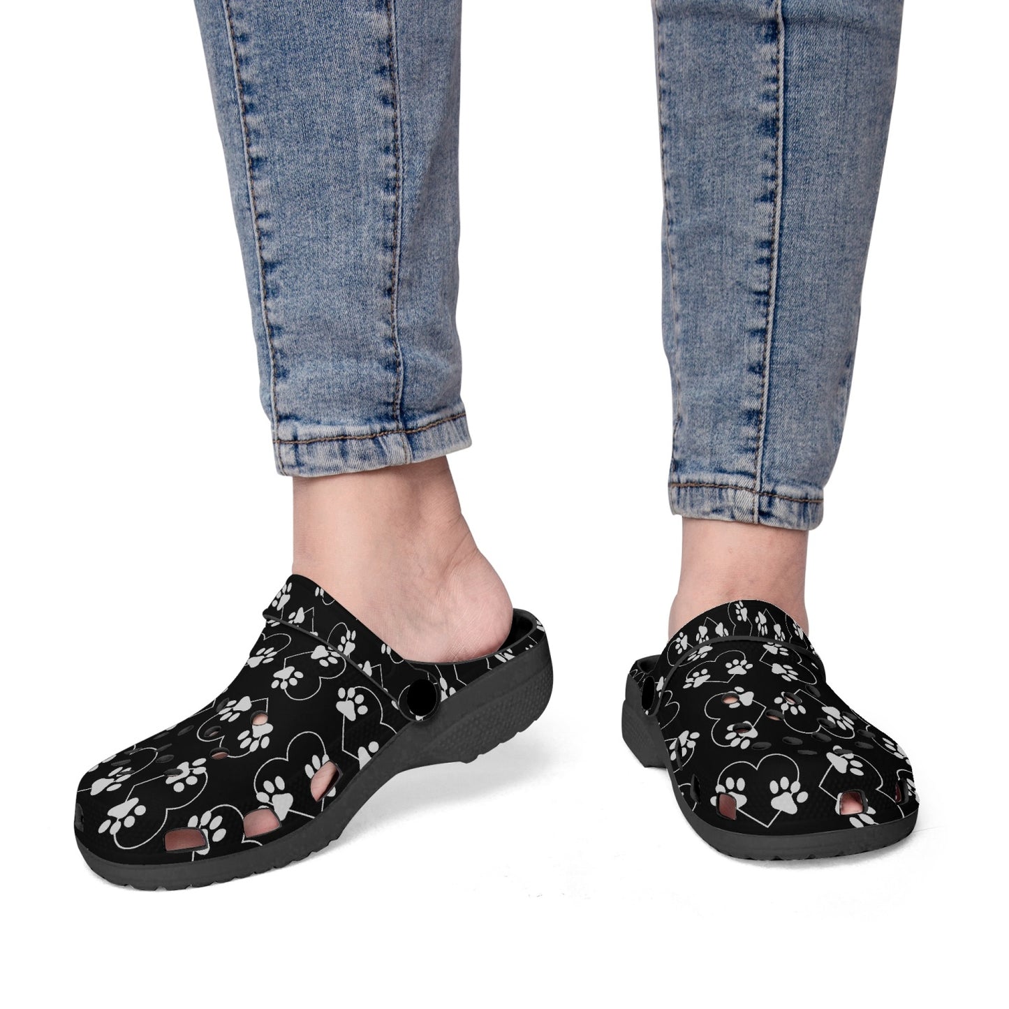 Paw Prints Clogs, Black Soled Clogs, White Paw Prints and Hearts Design Slide On Shoes