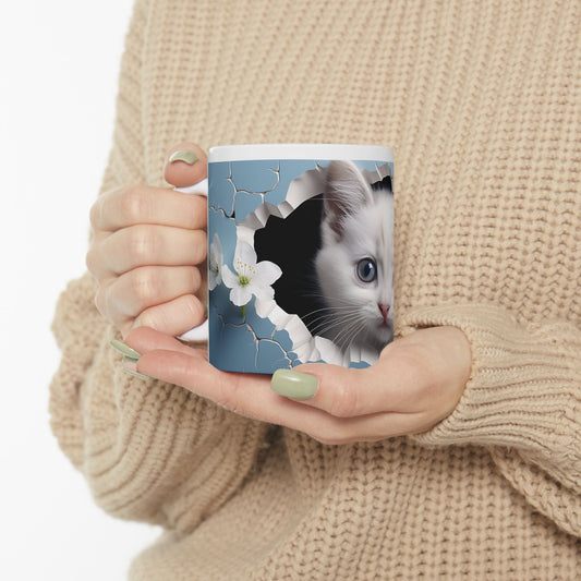 Cute White Kitten Ceramic Mug, Blue — 11oz & 15oz Cat Photo Coffee Cup