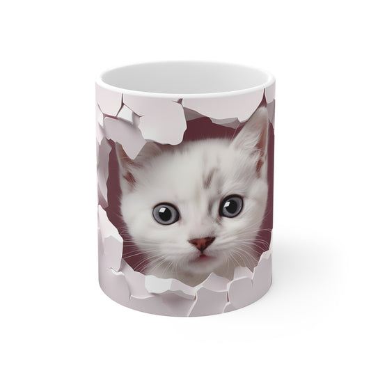 Cat Lover Coffee Cup- Cute Kitten Peeking Floral Ceramic Mug, Mauve (11/15/20oz)