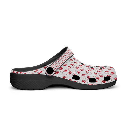 Paw Prints Clogs, Red Paw Print and Hearts Design, Black Soles