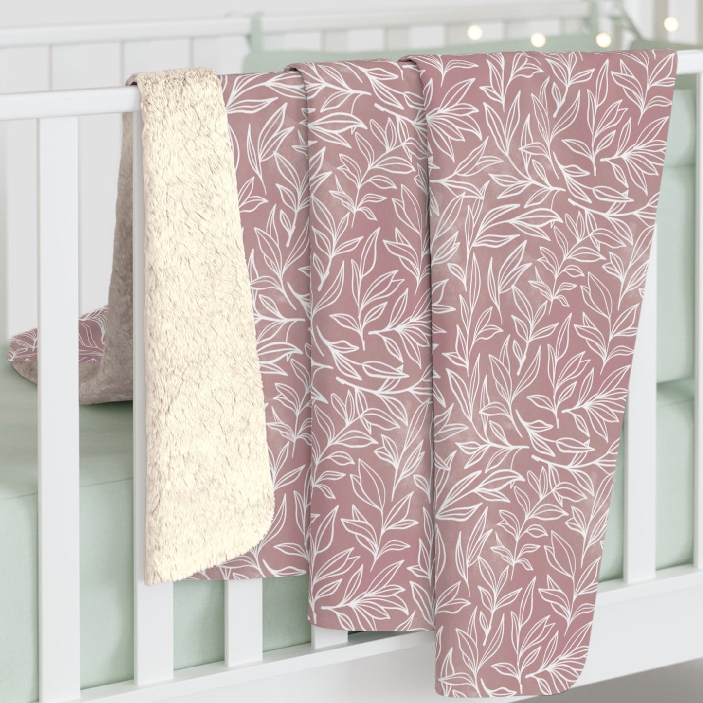 Blush Pink Sherpa Throw Blanket, Beautiful White Outline Floral Design