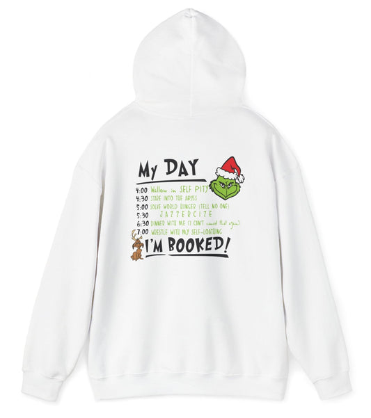 Grinchie Mode Turned "ON" Holiday Hoodie, Front and Back Design