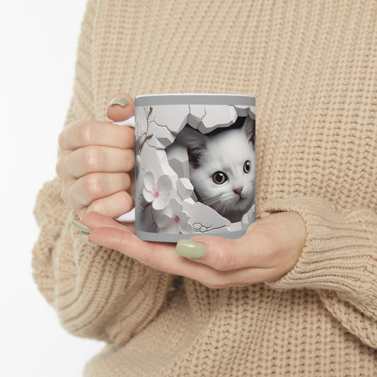 Peekaboo Kitten Ceramic Mug, Gray— Cute White Cat Coffee Cup (11oz, 15oz)