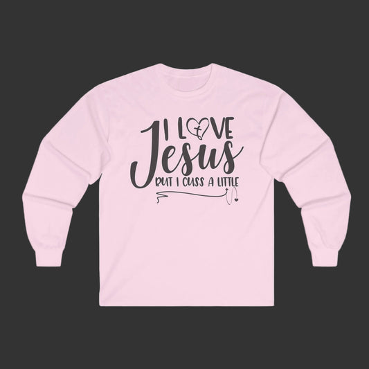 Pink sweatshirt with 'I Love Jesus but I crash a little' t-shirt