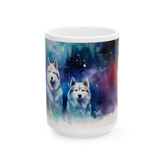 Wolf Pack Ceramic Mug — Northern Lights Wolf Coffee Cup (11oz/15oz)