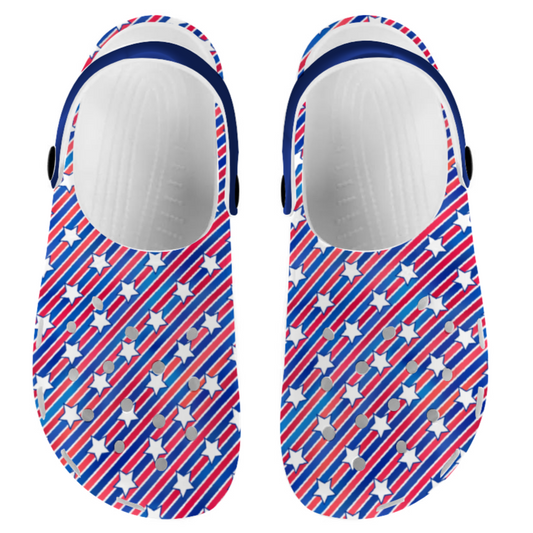 Unisex Clogs, Patriotic Design, Red, White, and Blue Slide On Shoes