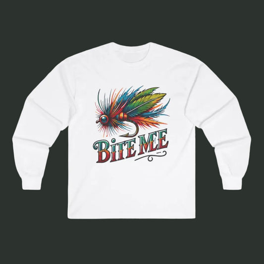 White sweatshirt with colorful fly fishing lure graphic and 'Bite Me' text on a white background