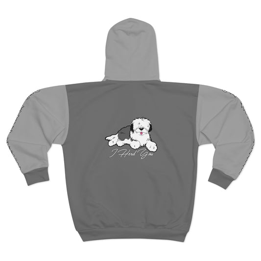 Old English Sheepdog Jacket, I Herd You, Peeping Sheepie Pockets, Sleeve and Back Graphic Design, Old English Sheepdog Zipped Hoodie, Heavy