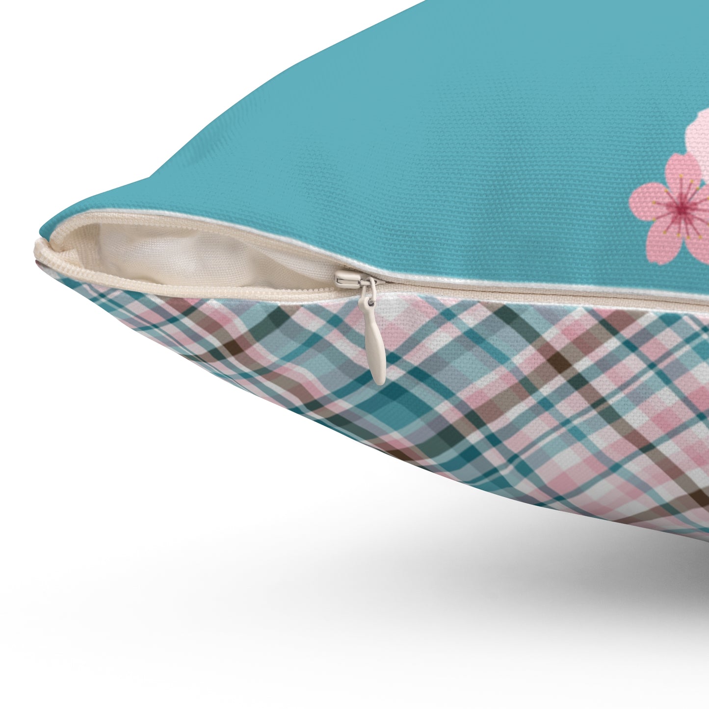 Throw Pillow, Floral Accent Pillow, Throw Pillow with Cherry Blossoms and Plaid Design