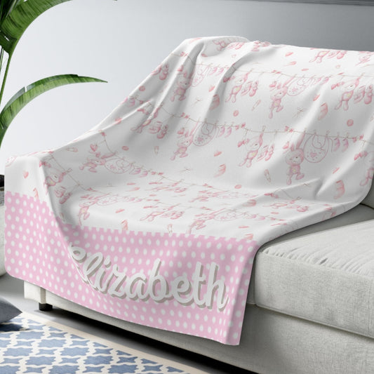 Girl's Blanket, Bunny Rabbits, Pink, Polka Dot Trim, Personalized