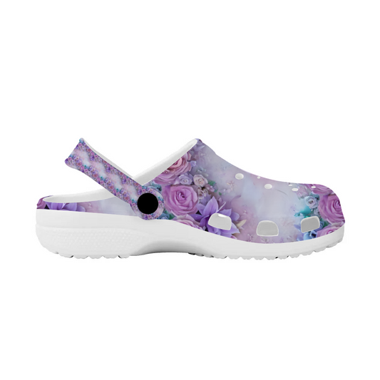 Women's Lavender Clogs, Floral and Lavender Roses Slide On Shoes