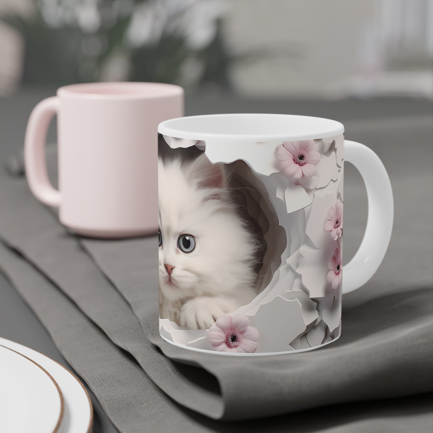 Cute White Kitten Ceramic Mug, Pink & Brown — Floral Peek-A-Boo Coffee Cup (11/15/20oz)