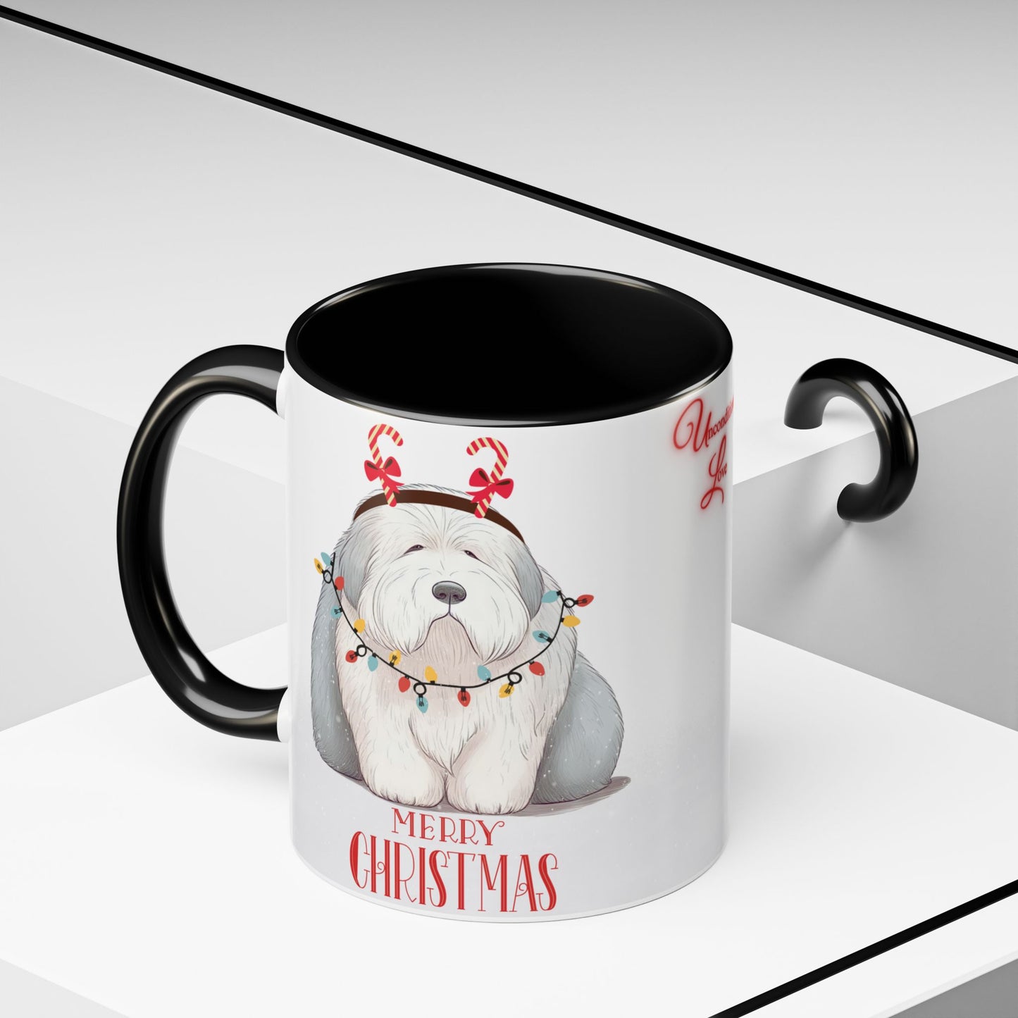 Old English Sheepdog Mug, Unconditional Love Old English Sheepdog Christmas Ceramic Coffee Mug - 11 oz