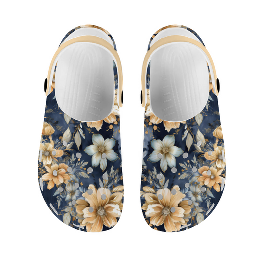 Clogs Floral, Navy Blue with Golden Flowers