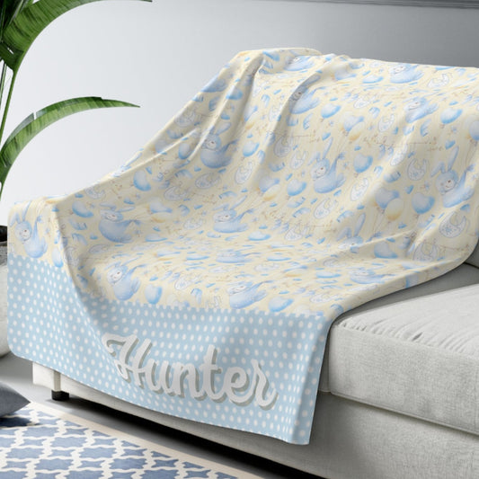 Boy's Blanket, Bunny Rabbits and Balloon's, Yellow Backing, Polka Dot Trim, Personalized