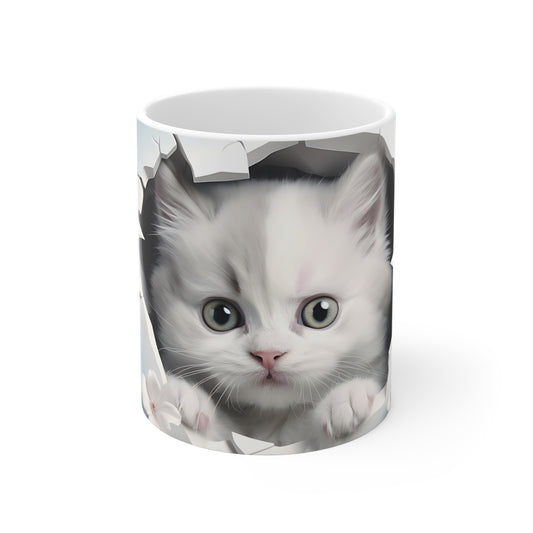 Cat Coffee Cup - Kitten & Cherry Blossom Ceramic Mug, Baby Blue (11/15/20oz)
