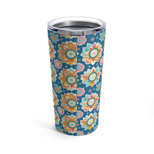 Floral Boho Travel Tumbler, Stainless Steel Floral Tumbler, Golden Yellows, 20oz Tumbler with Lid