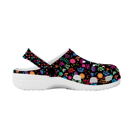 Women's Clogs, Black Boho Neon Floral Design