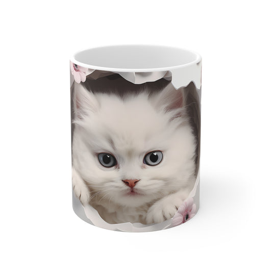 Cat Coffee Mug - Cute White Kitten Peek-A-Boo Ceramic Coffee Cup, Pink & Brown, 11oz, 15oz, 20oz