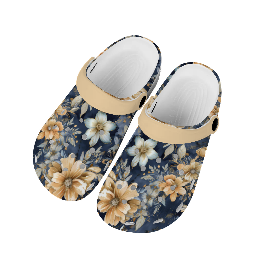 Clogs Floral, Navy Blue with Golden Flowers