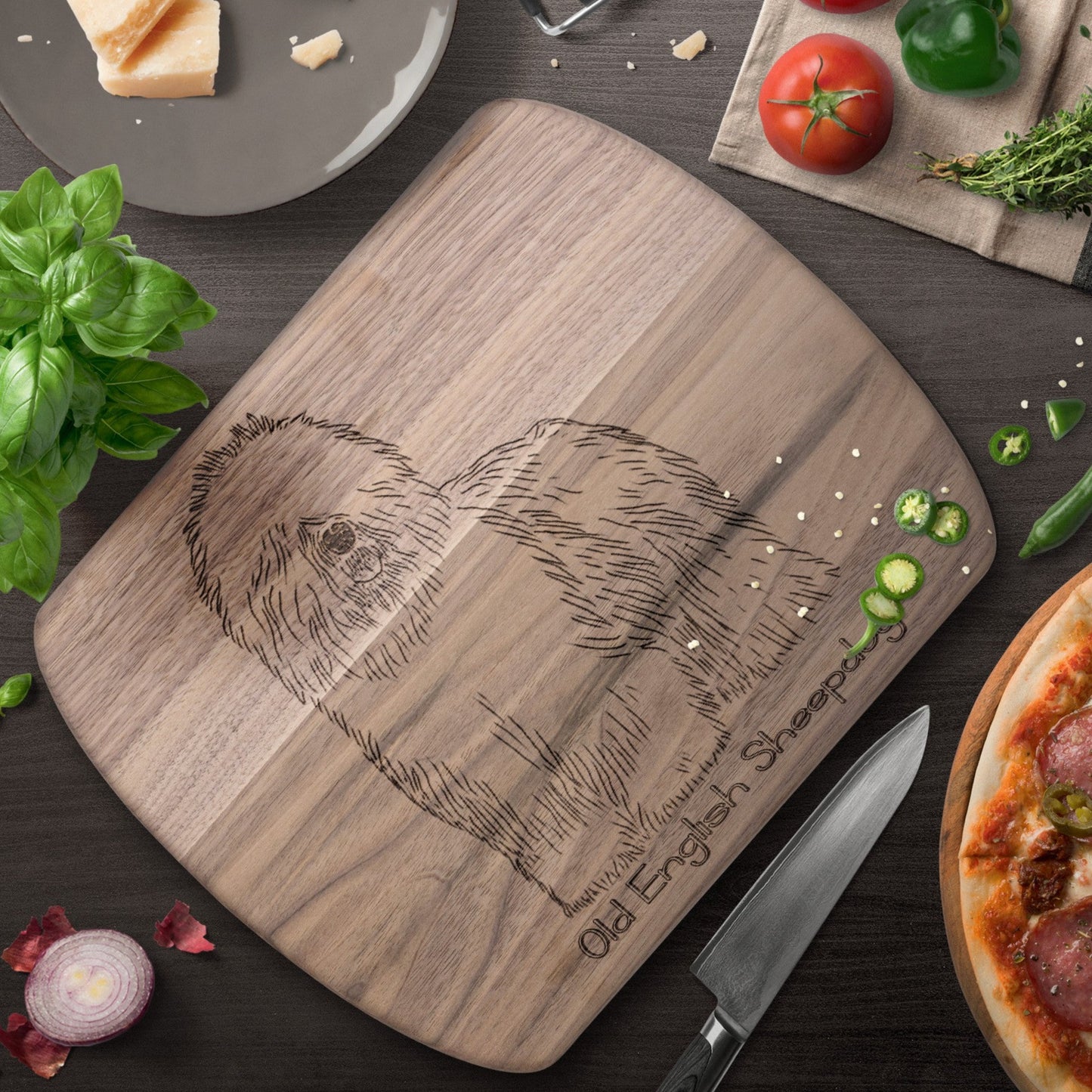 Old English Sheepdog Silhouette, Oval Cutting Board, Maple or Walnut