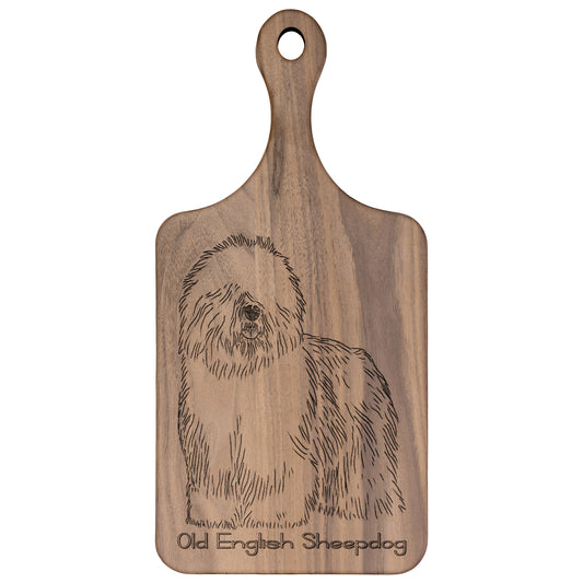 Old English Sheepdog Silhouette, Paddle Cutting Board, Maple or Walnut