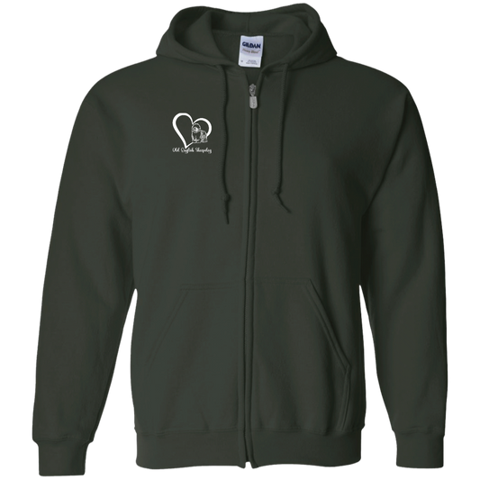 Old English Sheepdog Heart, w/White Writing, Front Design, Zipped Hoodie, Gildan Cotton/Polyester Hooded Sweatshirt