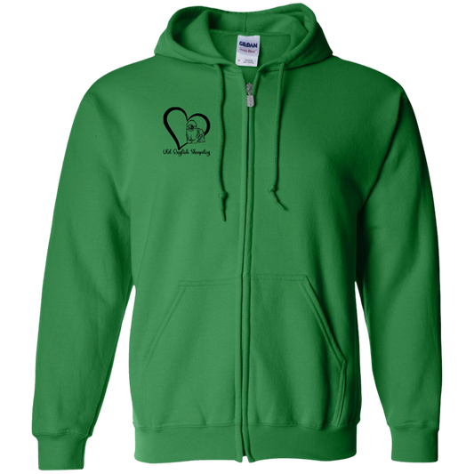 Old English Sheepdog Heart, w/Black Writing, Front Design, Zipped Hoodie, Gildan Cotton/Polyester Hooded Sweatshirt