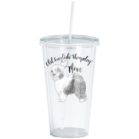 Old English Sheepdog Mom Tumbler, Acrylic Insulated, 16oz, with Lid and Straw