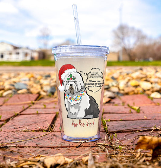 Insulated Tumbler, Old English Sheepdog Christmas Tumbler, with Lid and Straw, Scrooge