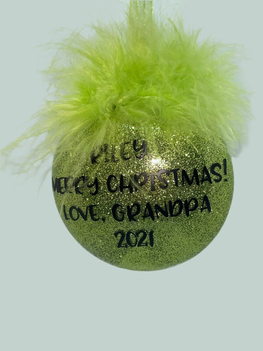 The Grinch's Green Hair and Smirky Smile Personalized Handmade Glass Ornament