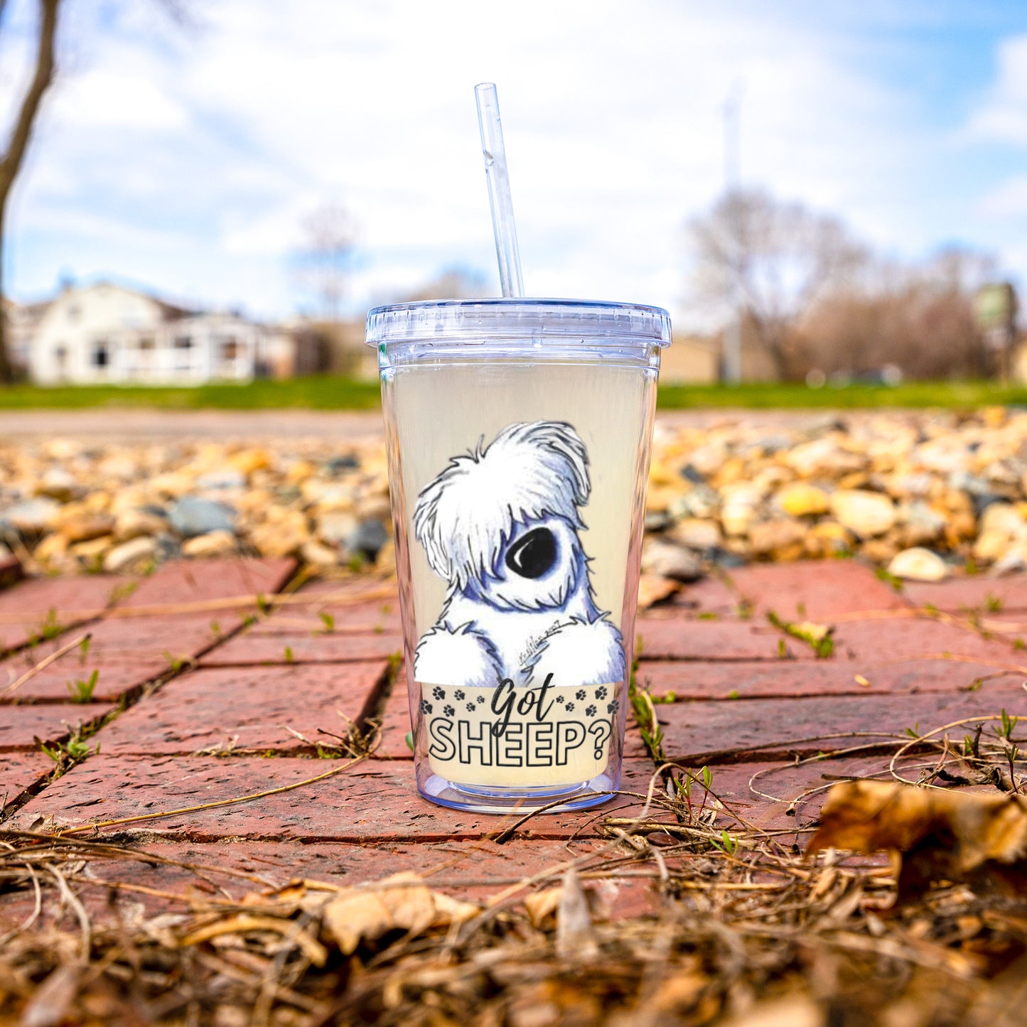 Old English Sheepdog Insulated Tumbler, Got Sheep? Sheepie 16oz Acrylic Travel Tumbler with Lid and Straw, Sheepie with White Ears