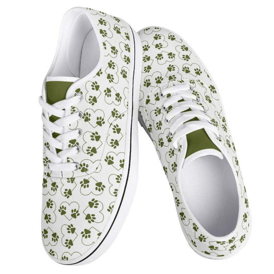 Paw Print Sneakers, Paw Print Shoes, Green and White Sneakers with Paw Prints and Hearts, Animal Paw Print Sneakers