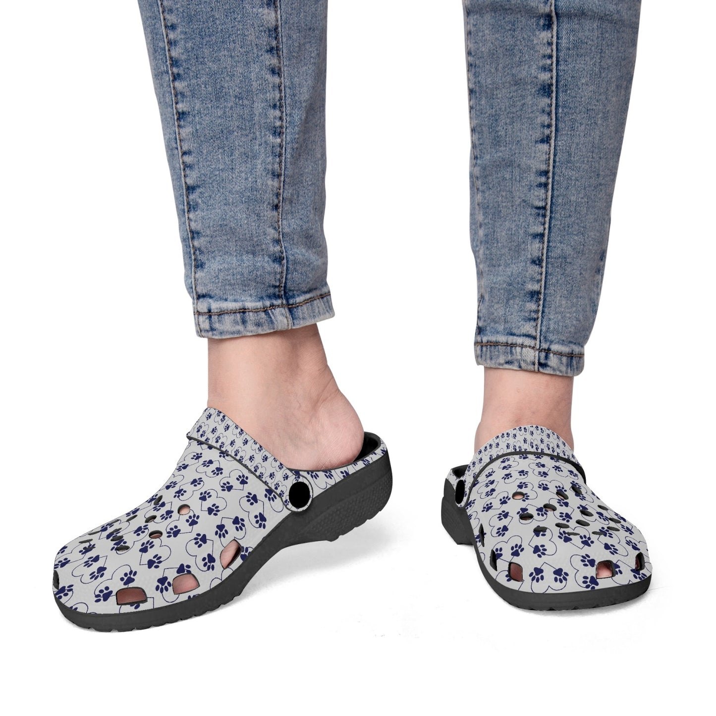 Paw Print Clogs, Black Sole Clogs, Navy Paw Prints and Hearts Slide On Shoes