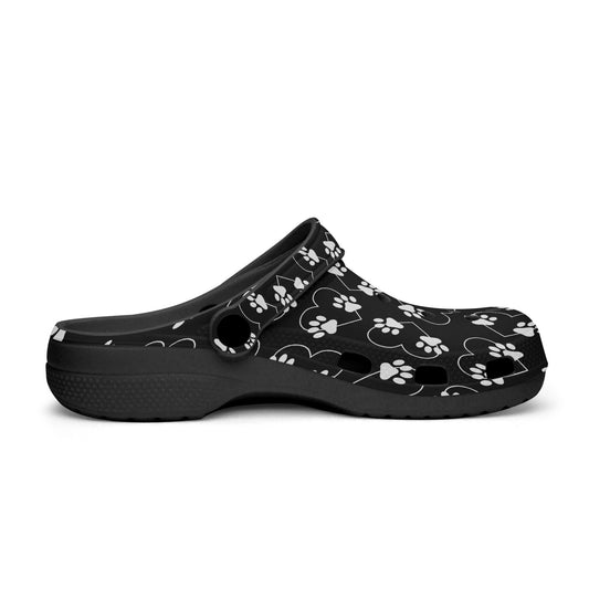 Paw Prints Clogs, Black Soled Clogs, White Paw Prints and Hearts Design Slide On Shoes