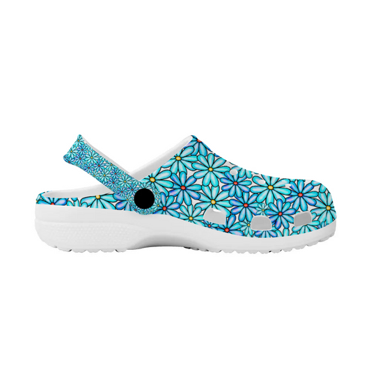 Women's Clogs, Beautiful Teal Daisy Design, Teal Floral Clogs