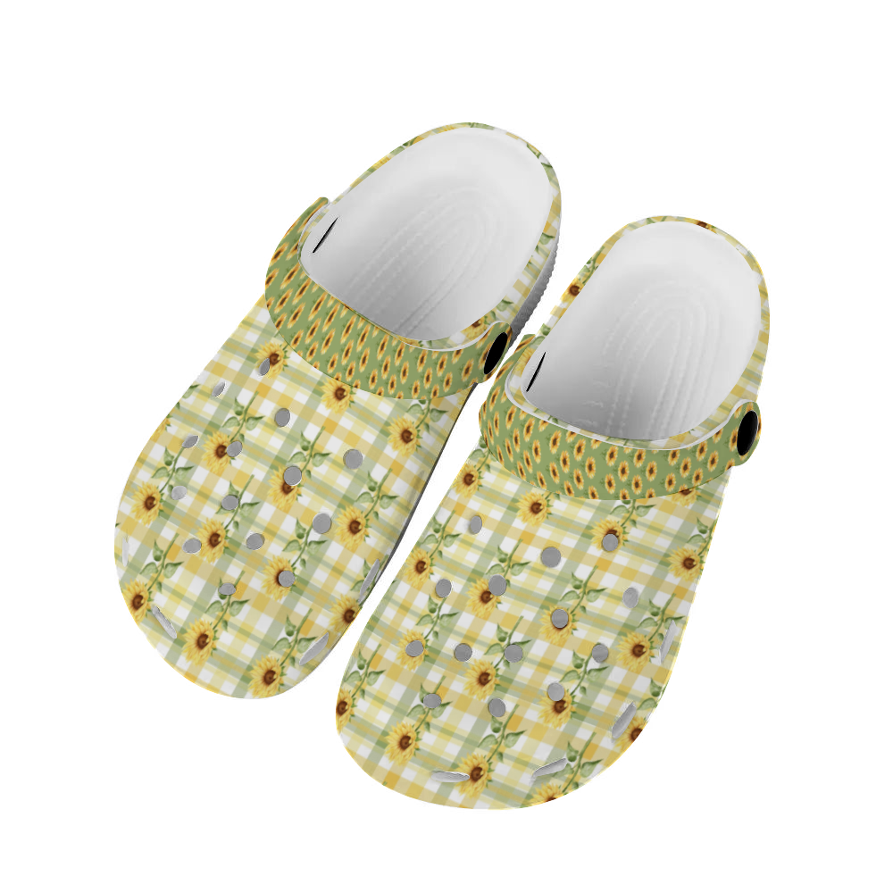 Women's Clogs, Yellow Sunflower and Plaid Design, Yellow and Green Plaid