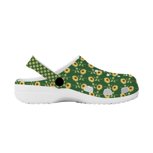 Women's Sunflower Clogs, Green with Sunflowers, Slide On shoes