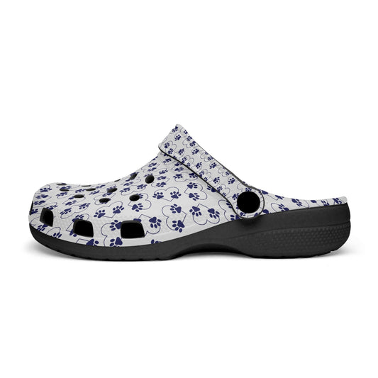 Paw Print Clogs, Black Sole Clogs, Navy Paw Prints and Hearts Slide On Shoes