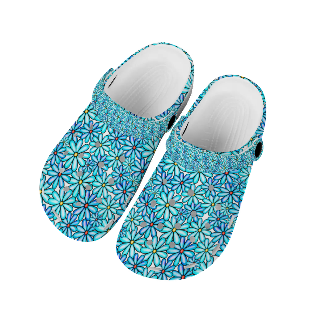 Women's Clogs, Beautiful Teal Daisy Design, Teal Floral Clogs