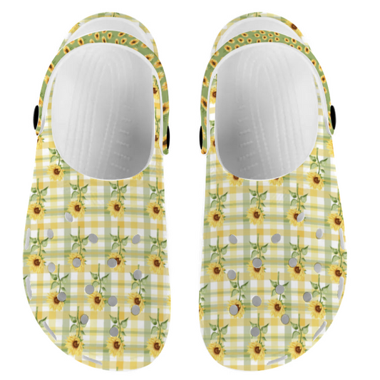 Women's Clogs, Yellow Sunflower and Plaid Design, Yellow and Green Plaid
