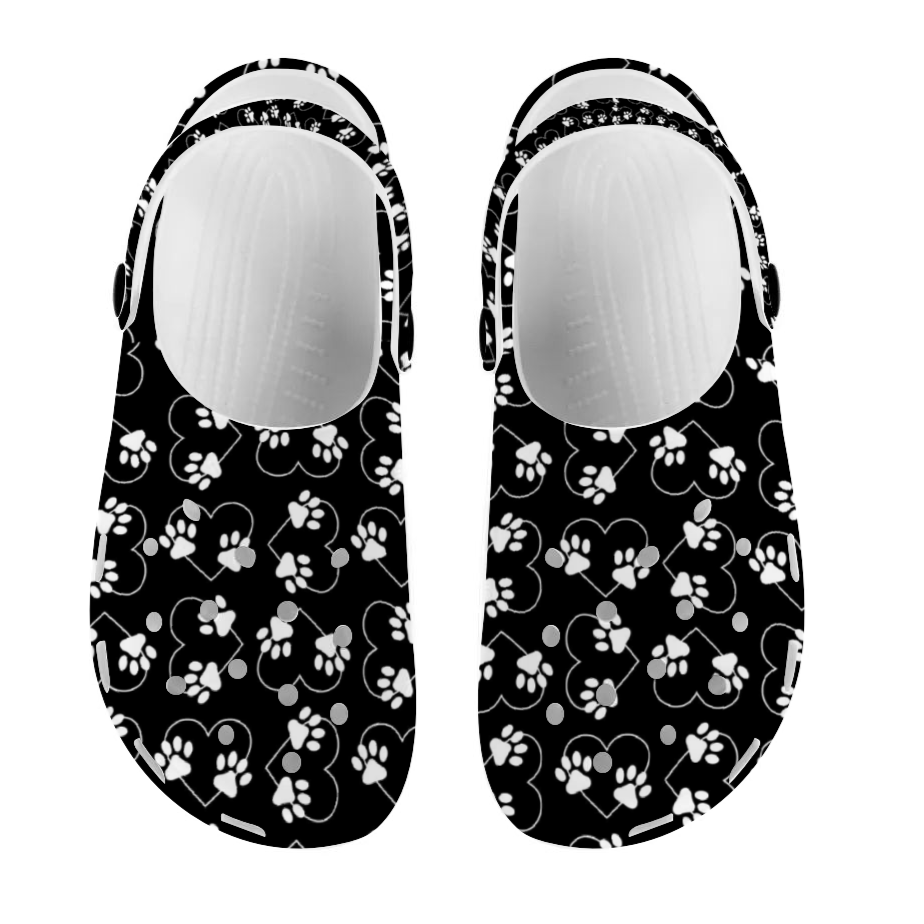 Clogs, Unisex Clogs, Paw Print with Hearts, Black