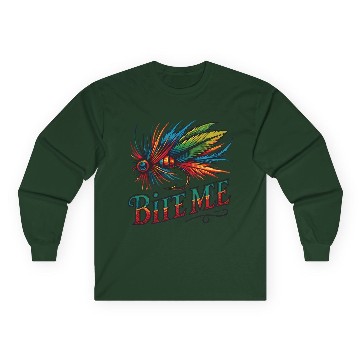 Green long-sleeve shirt with colorful fish graphic and 'Bite Me' text on a white background