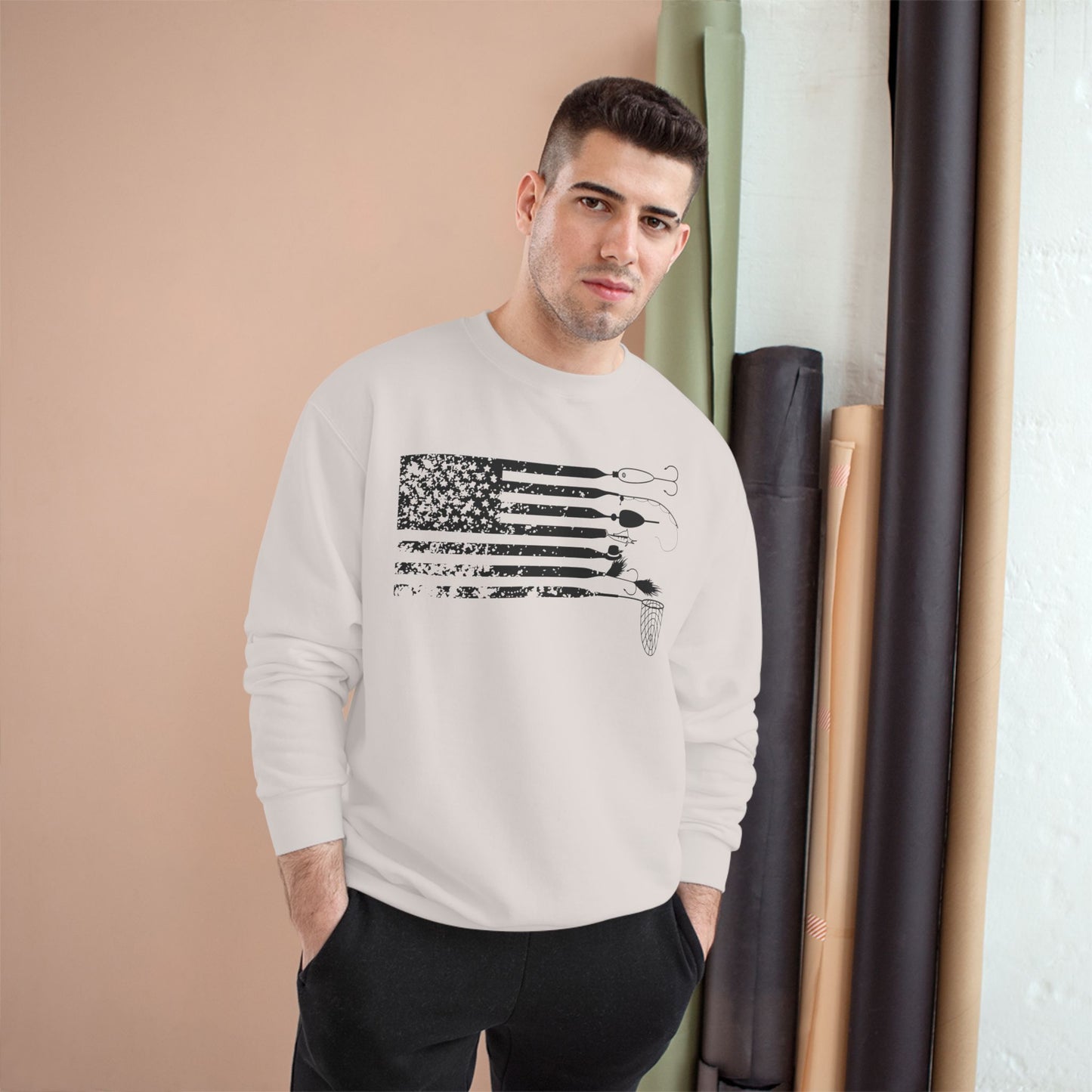 Distressed USA American Angler Lure Flag Top -  Champion Crewneck Top
