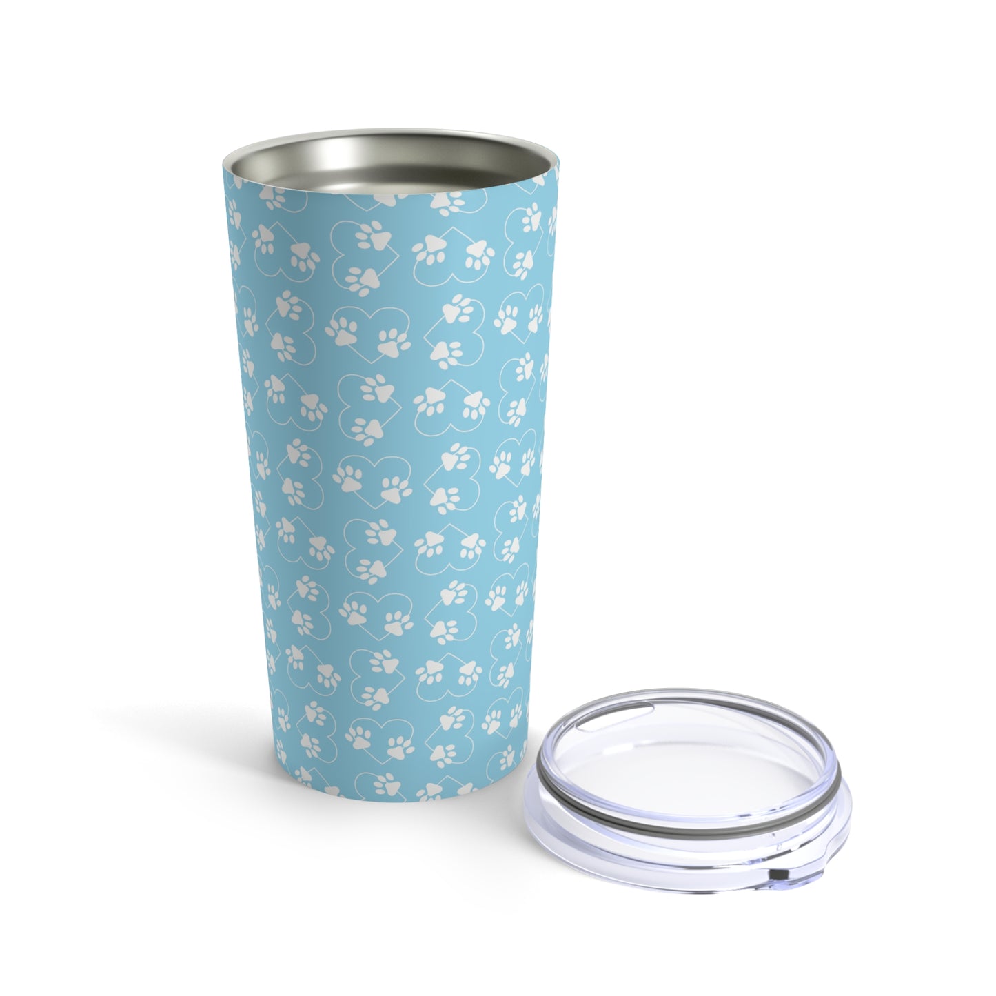 Pet Tumbler, Stainless Steel 20oz Tumbler, Paw Prints Hearts Baby Blue and White