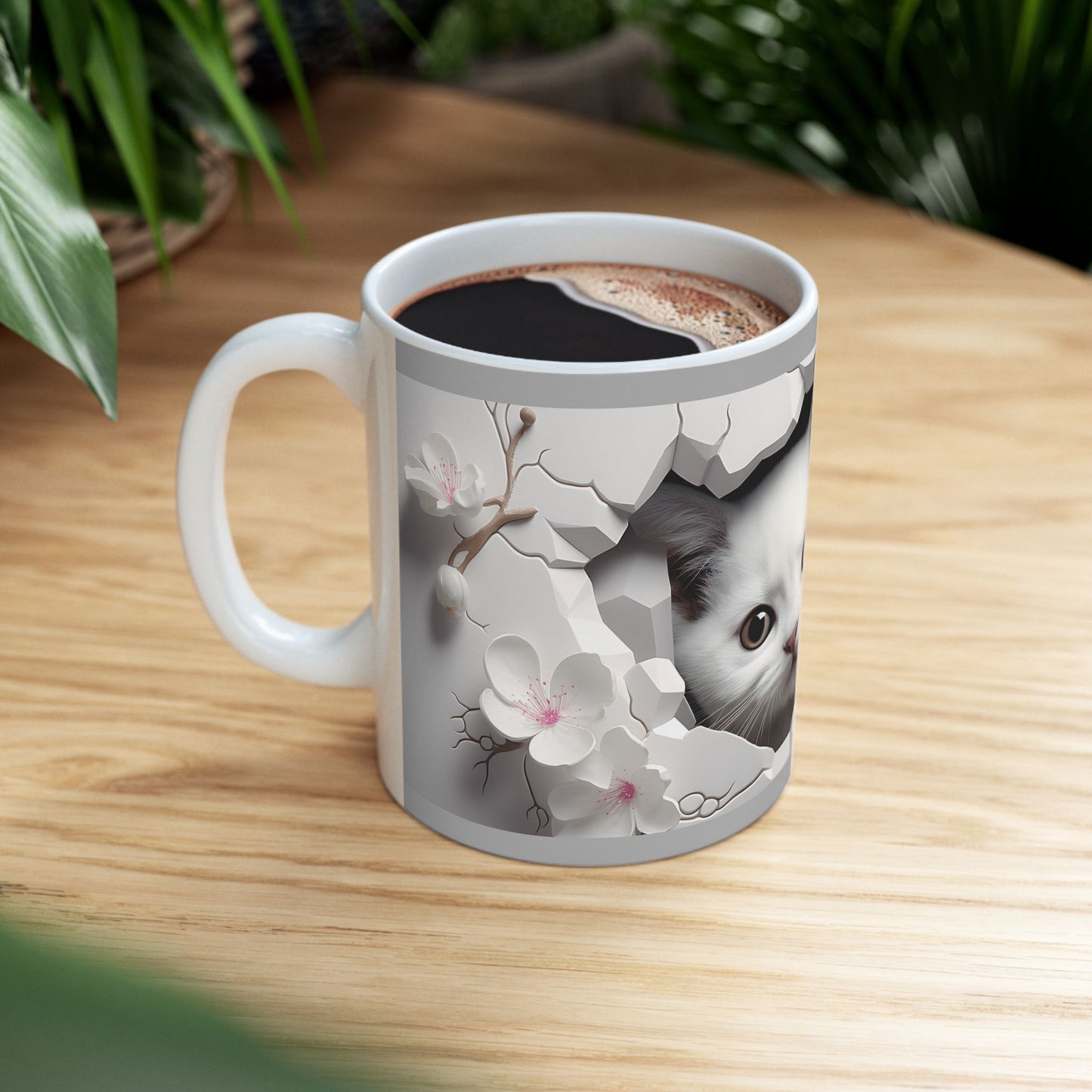 Peekaboo Kitten Ceramic Mug, Gray— Cute White Cat Coffee Cup (11oz, 15oz)