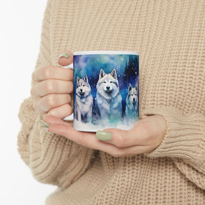 Wolf Pack Ceramic Mug — Northern Lights Wolf Coffee Cup (11oz/15oz)