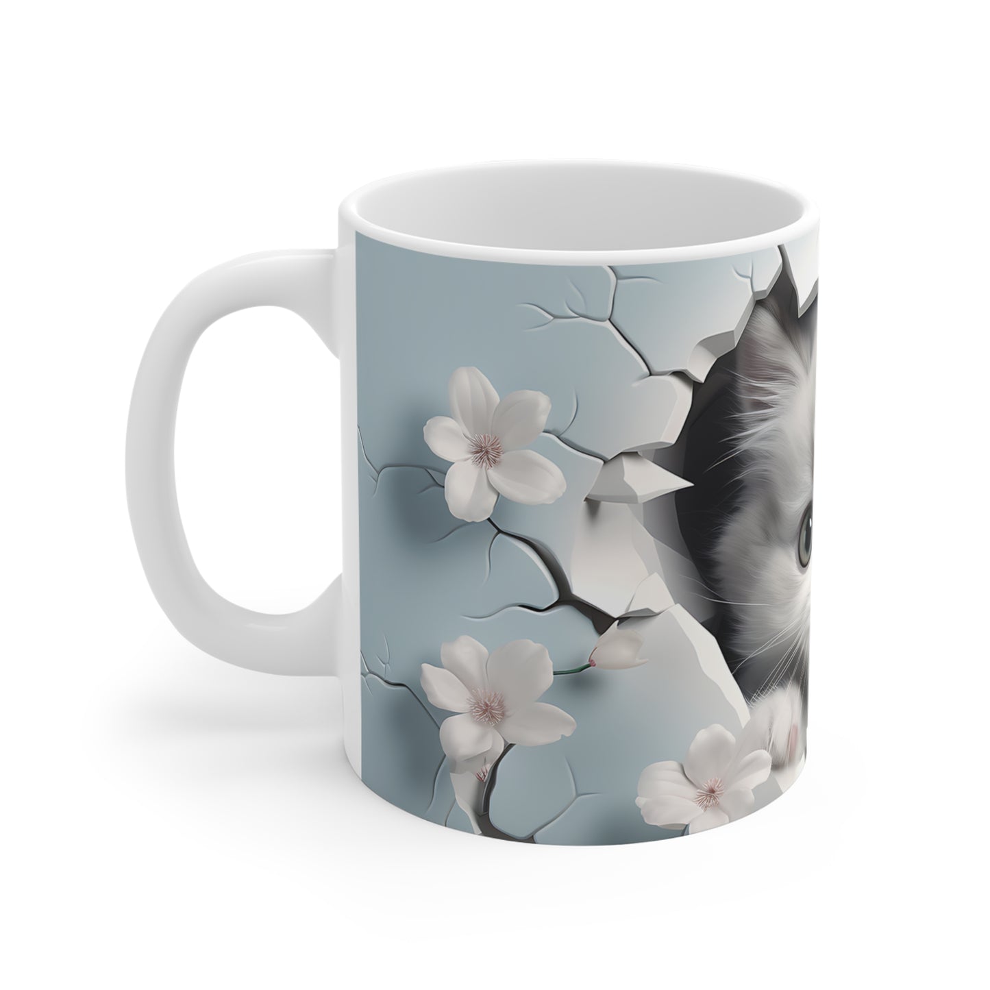 Cat Coffee Cup - Kitten & Cherry Blossom Ceramic Mug, Baby Blue (11/15/20oz)