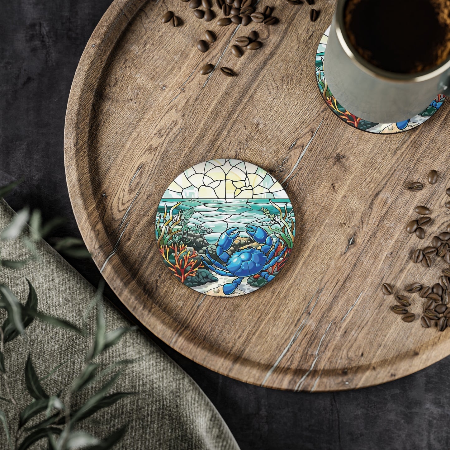 Round corked back coaster, beach themed